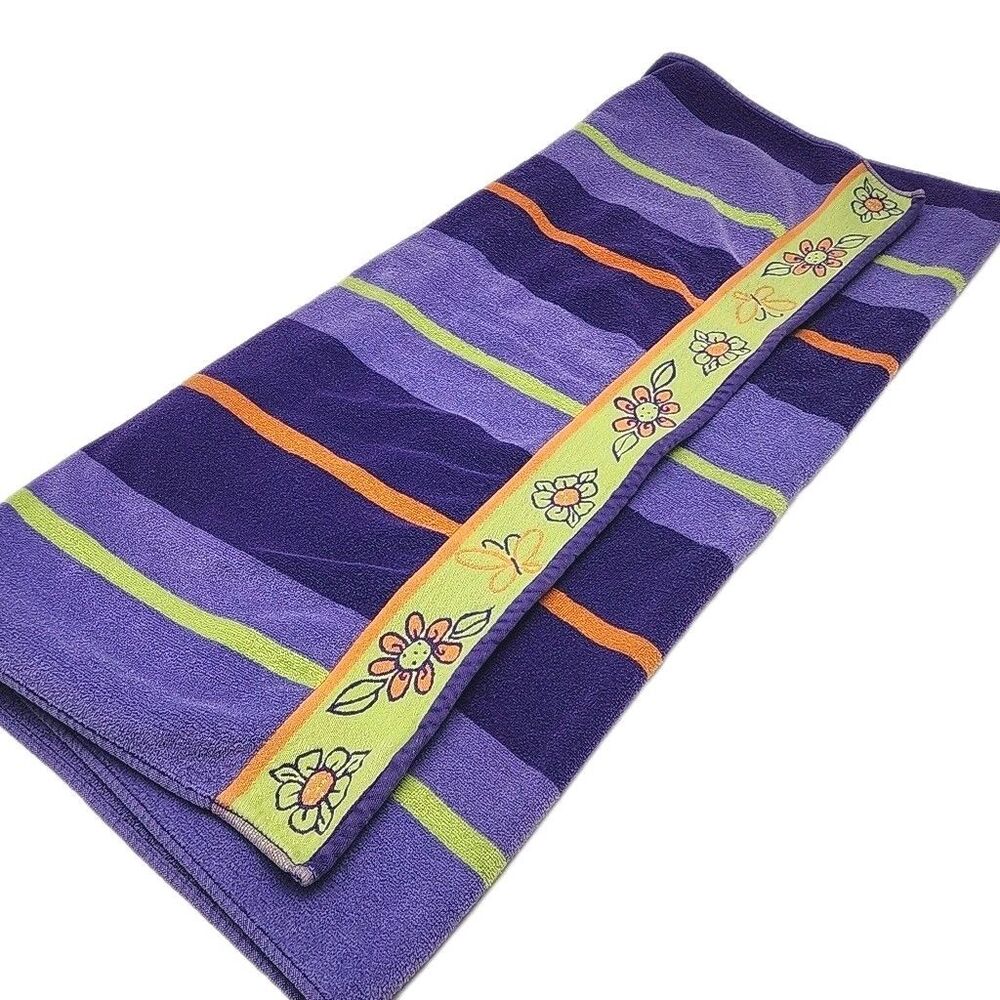 Cecil Saydah Beach Towel 100% Cotton Purple Stripes 60"x35" Large Heavy Vintage